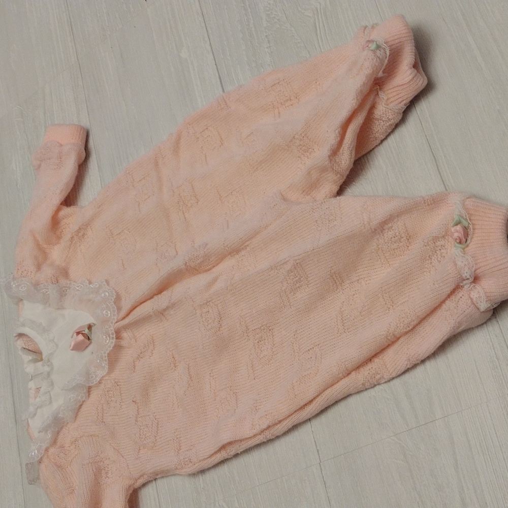 Vintage Pink one piece knitted with lace and roses size 3-6 months